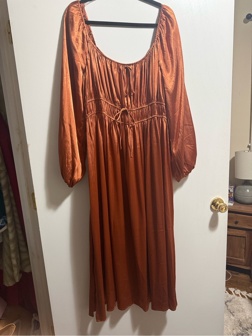 Burnt Orange Satin Midi Dress
